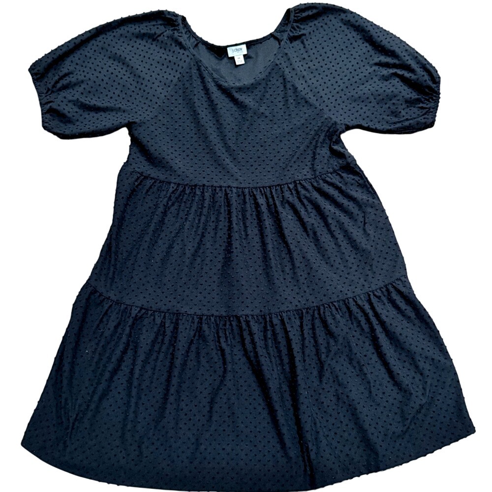J. Crew Dress M Medium Black Puff Sleeve Mini Tiered Clip Dot